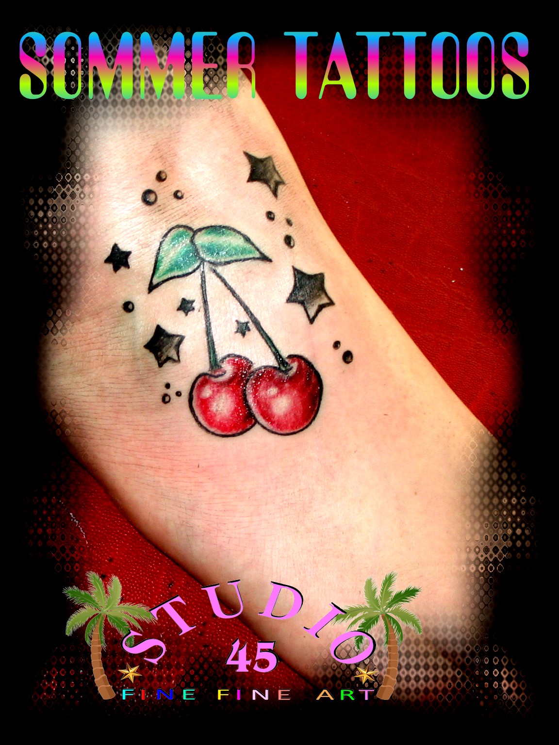 Illustrative Pop Color Tattoo Kirschen am Fuß Recklinghausen STUDIO 45